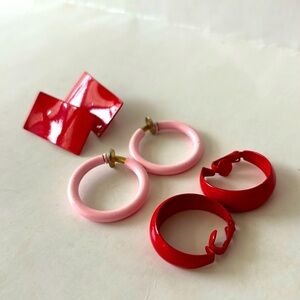 Clip on earrings 80’s vintage retro red and BABY PINK hoop clip-on set of 3